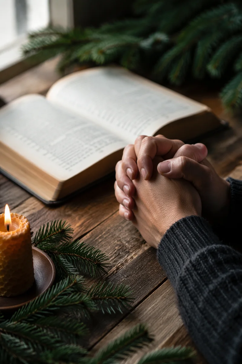 Praying Hands Beside Bible With Evergreen Candle