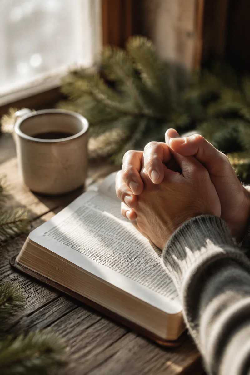 Praying Hands Over Bible in Morning Light