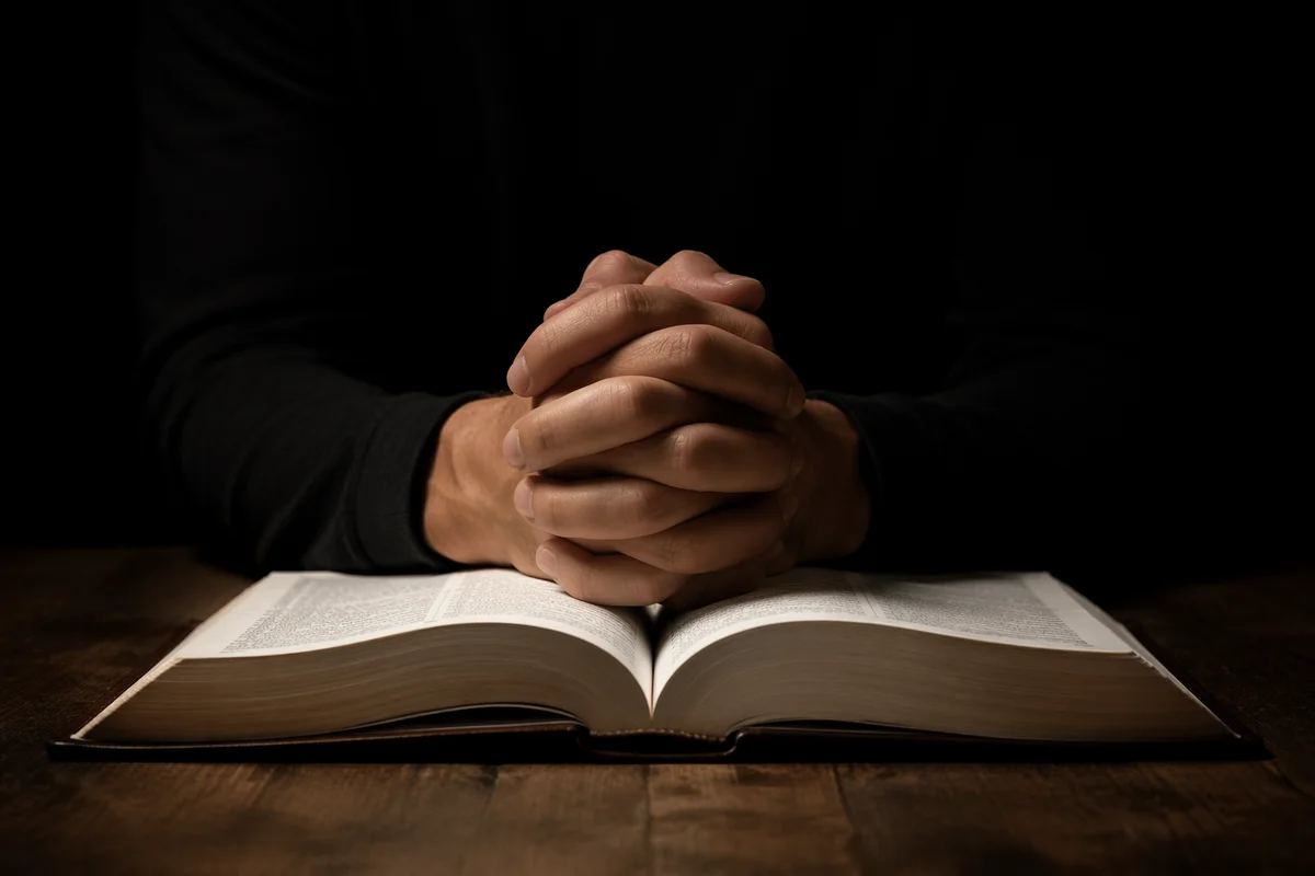 Praying Hands Over Open Bible