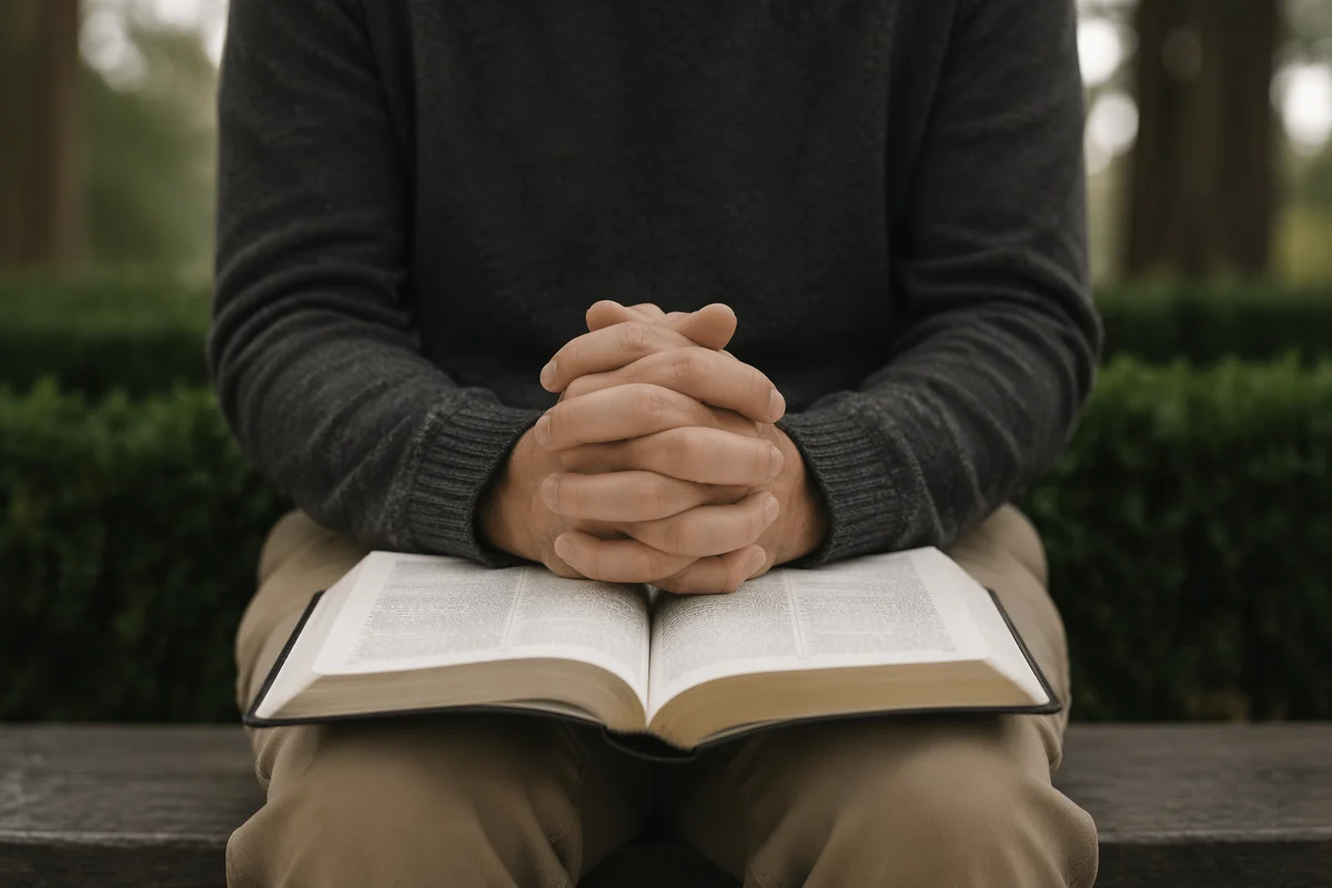 Praying Hands Over Open Bible Outdoors