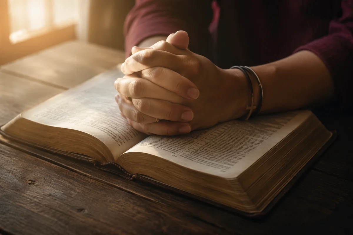 Praying Hands Resting on Open Bible