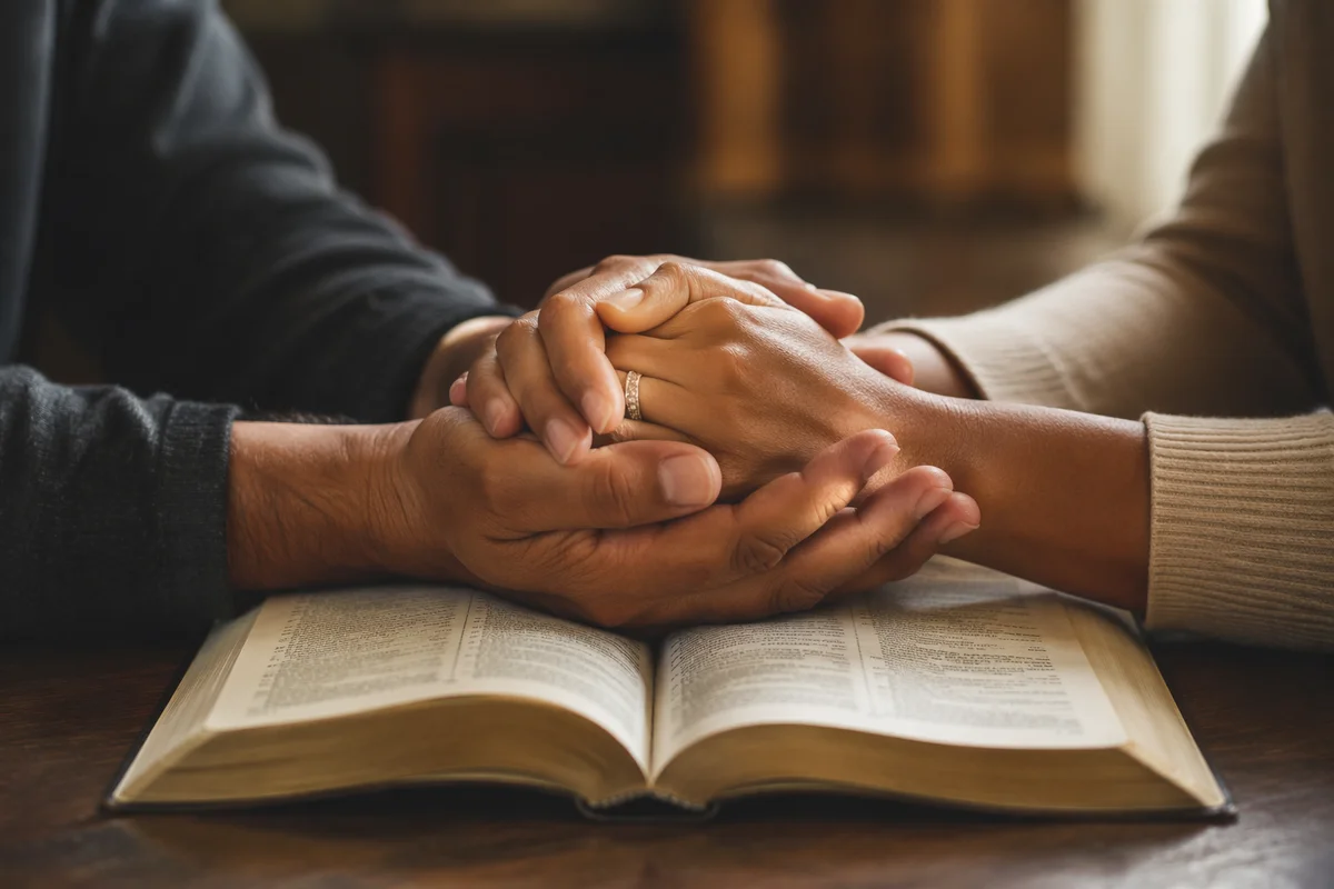 Praying Hands Over Open Bible