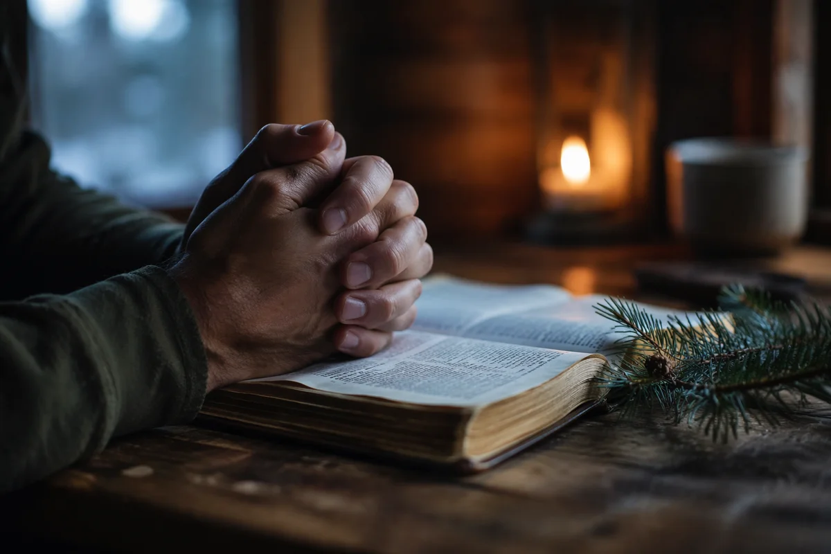 Praying Hands Beside Bible at Dawn