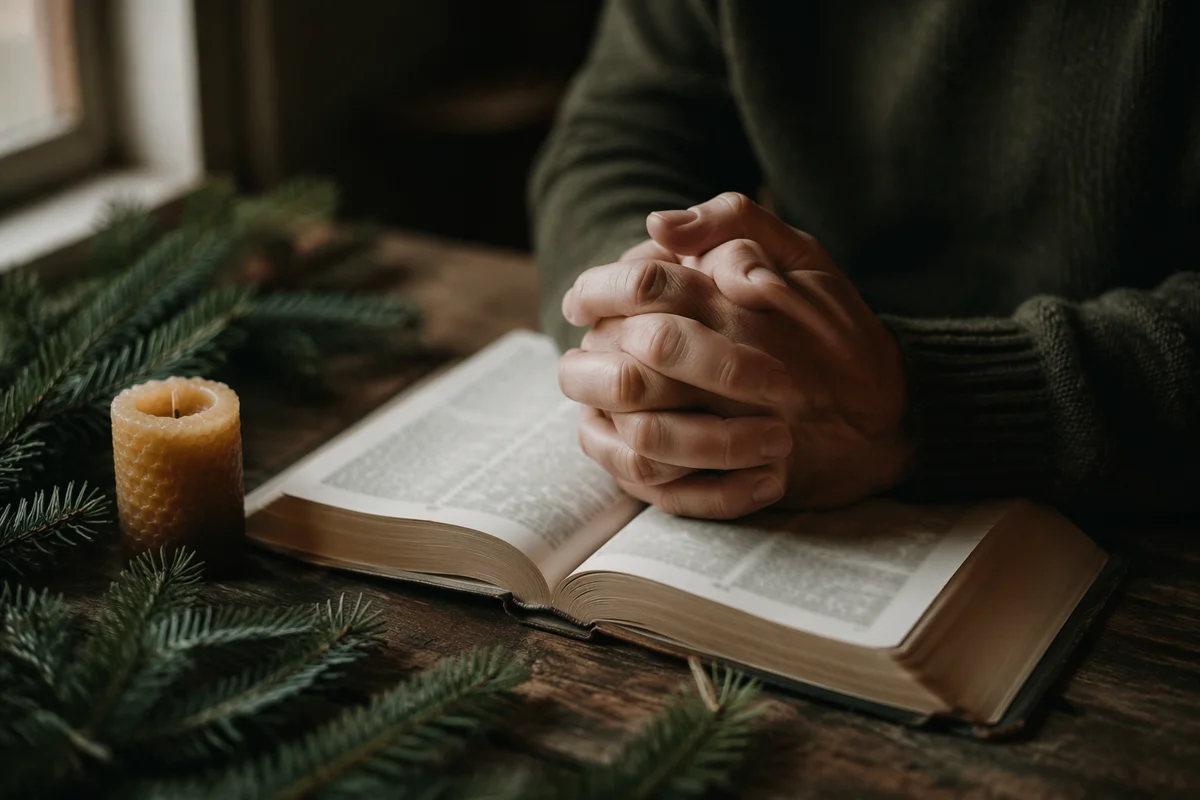 Praying Hands on Bible with Evergreen