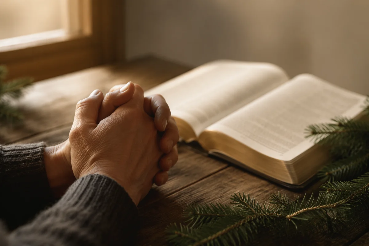 Praying Hands Beside Bible and Evergreens