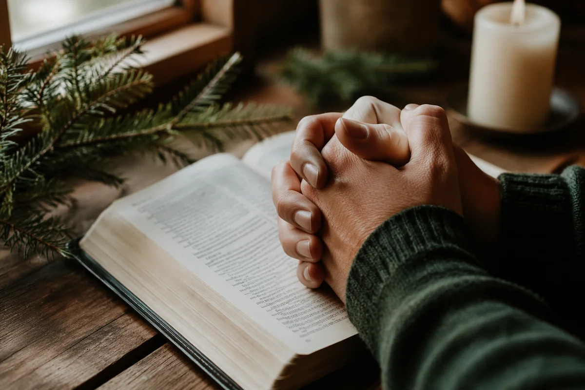 Praying Hands Over Bible with Evergreen Candle