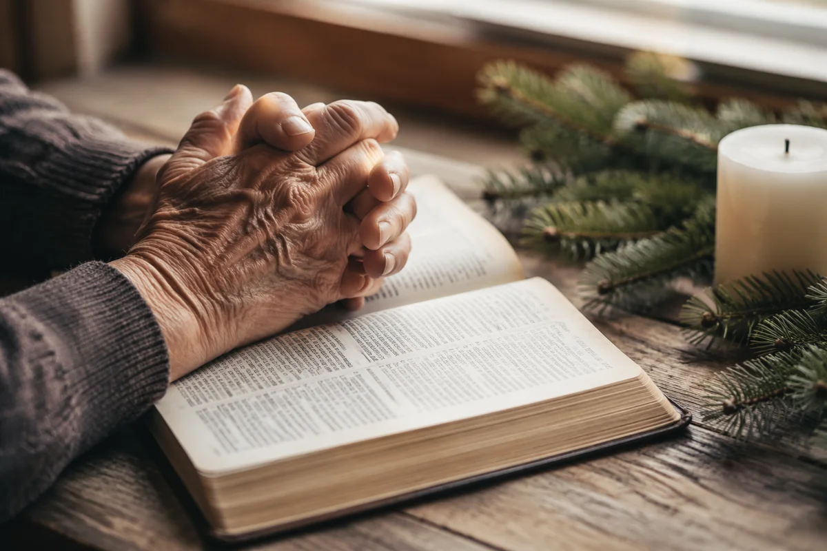 Praying Hands on Bible with Evergreen