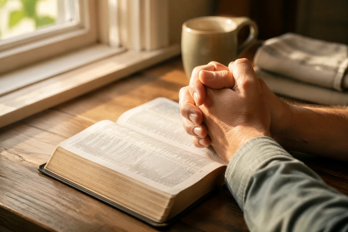 Praying Hands Over Open Bible