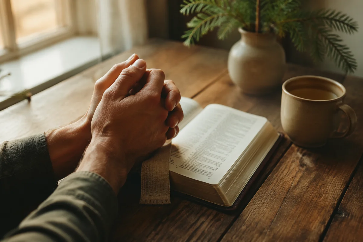 Praying Hands Over Open Bible Morning Light