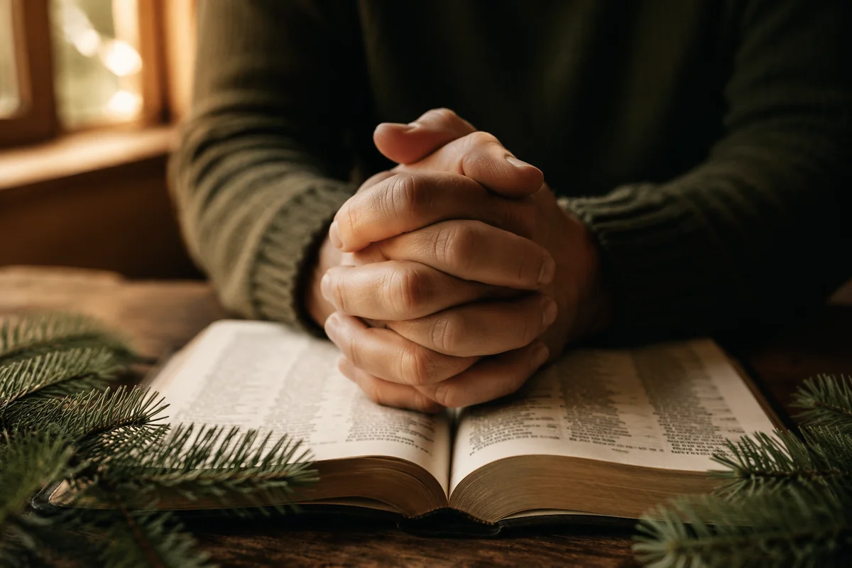 Praying Hands Over Bible with Evergreen Sprigs