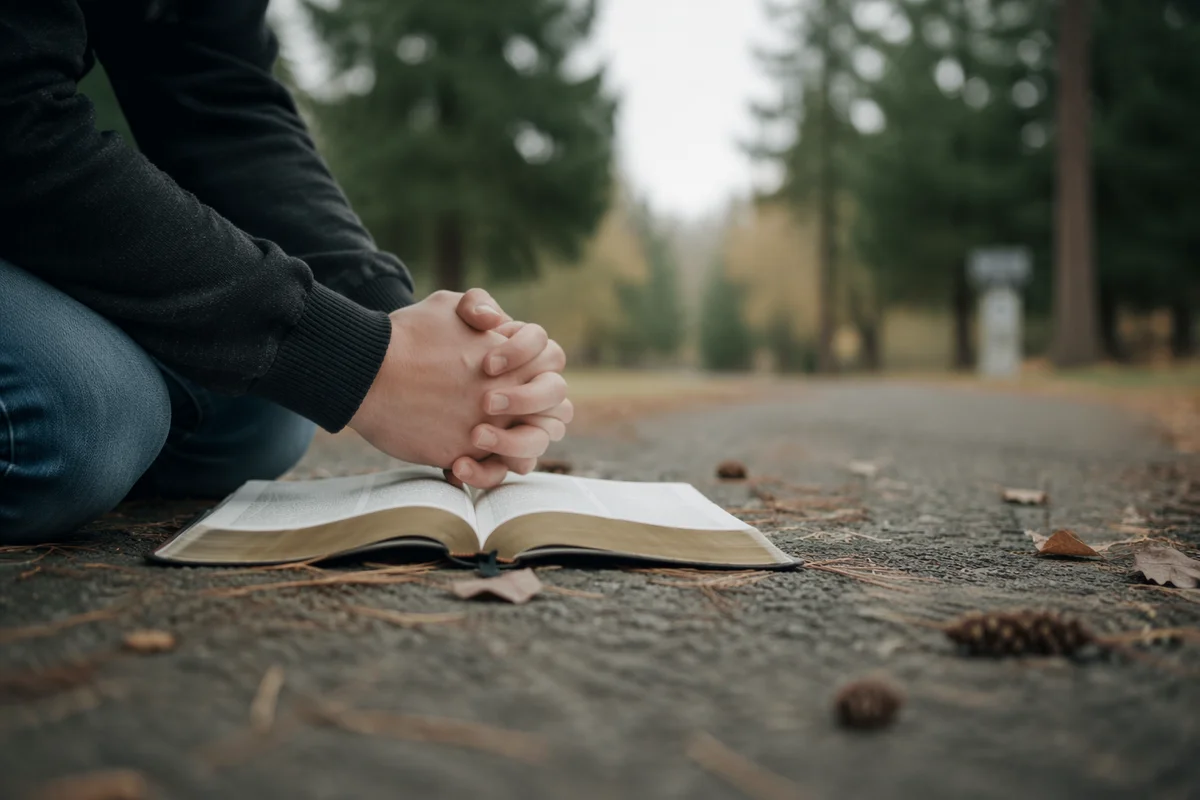 Praying Hands Beside Bible on Evergreen Path