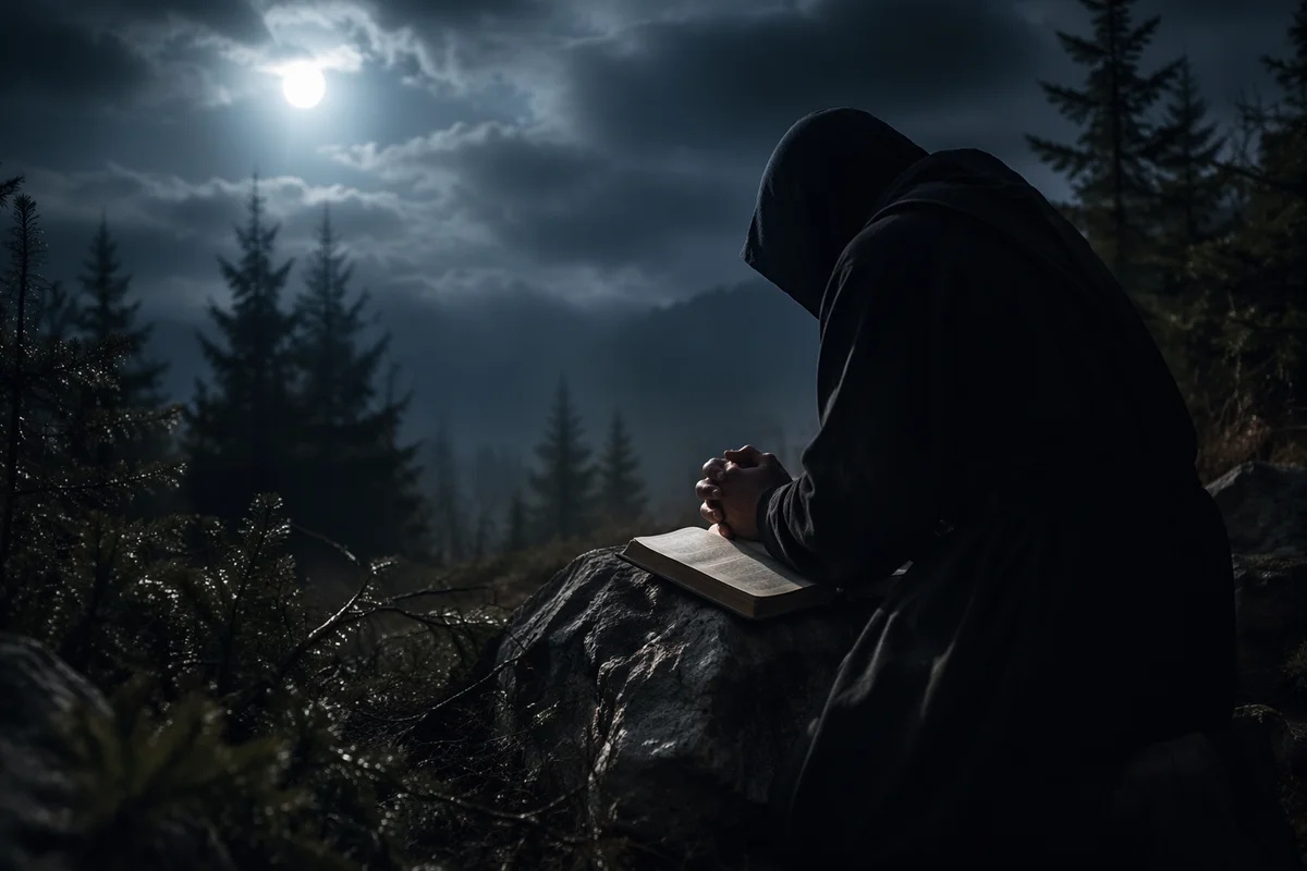 Praying Hands Over Bible in Moonlit Grove