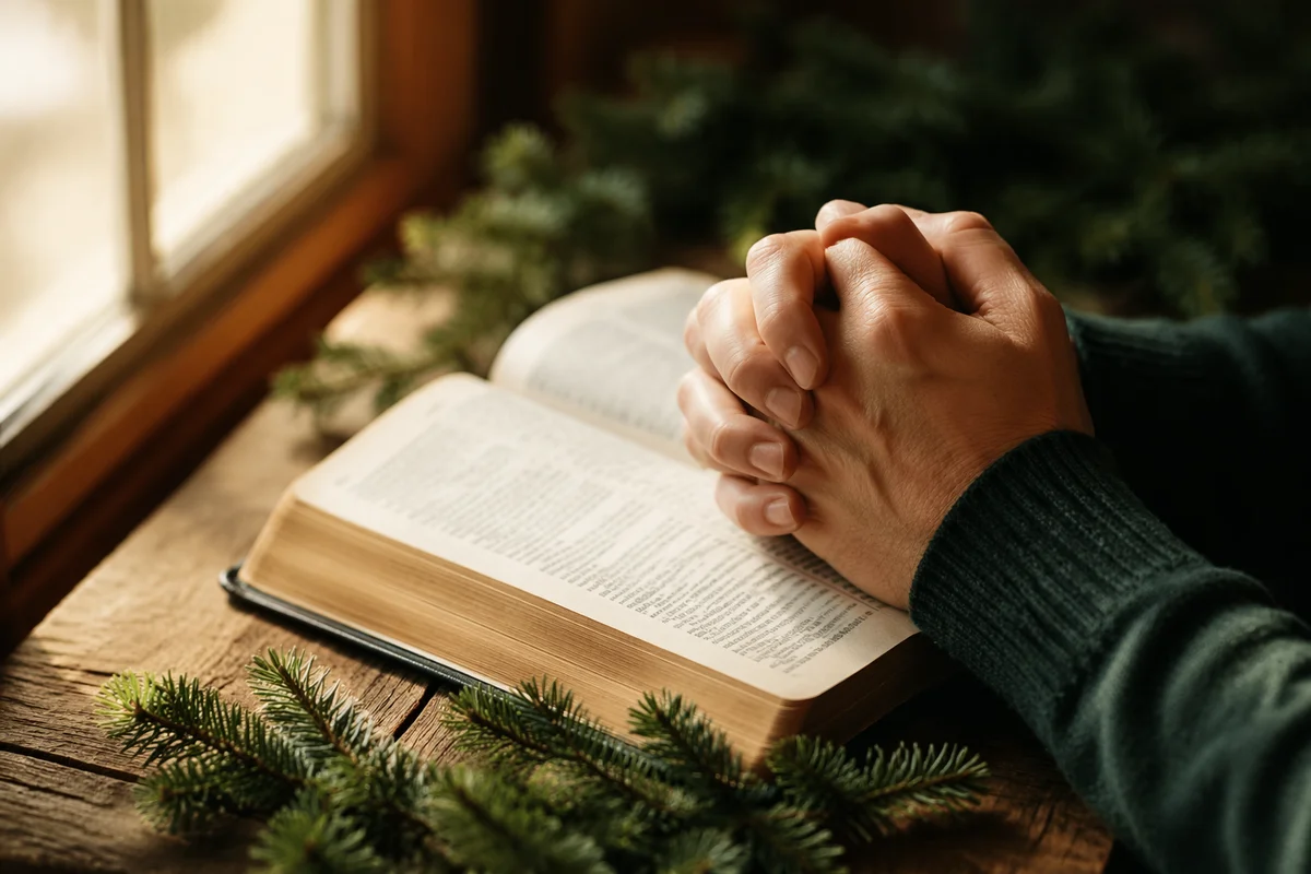 Praying Hands Over Bible with Evergreen