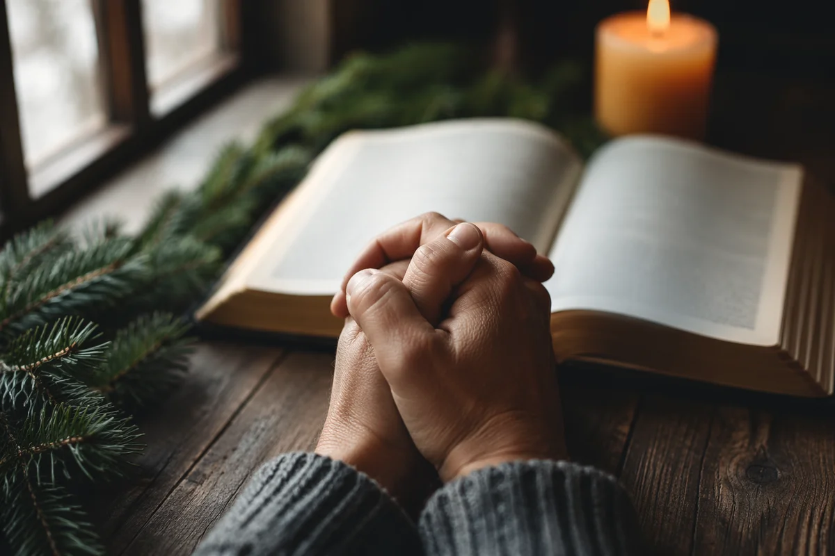 Praying Hands Beside Open Bible
