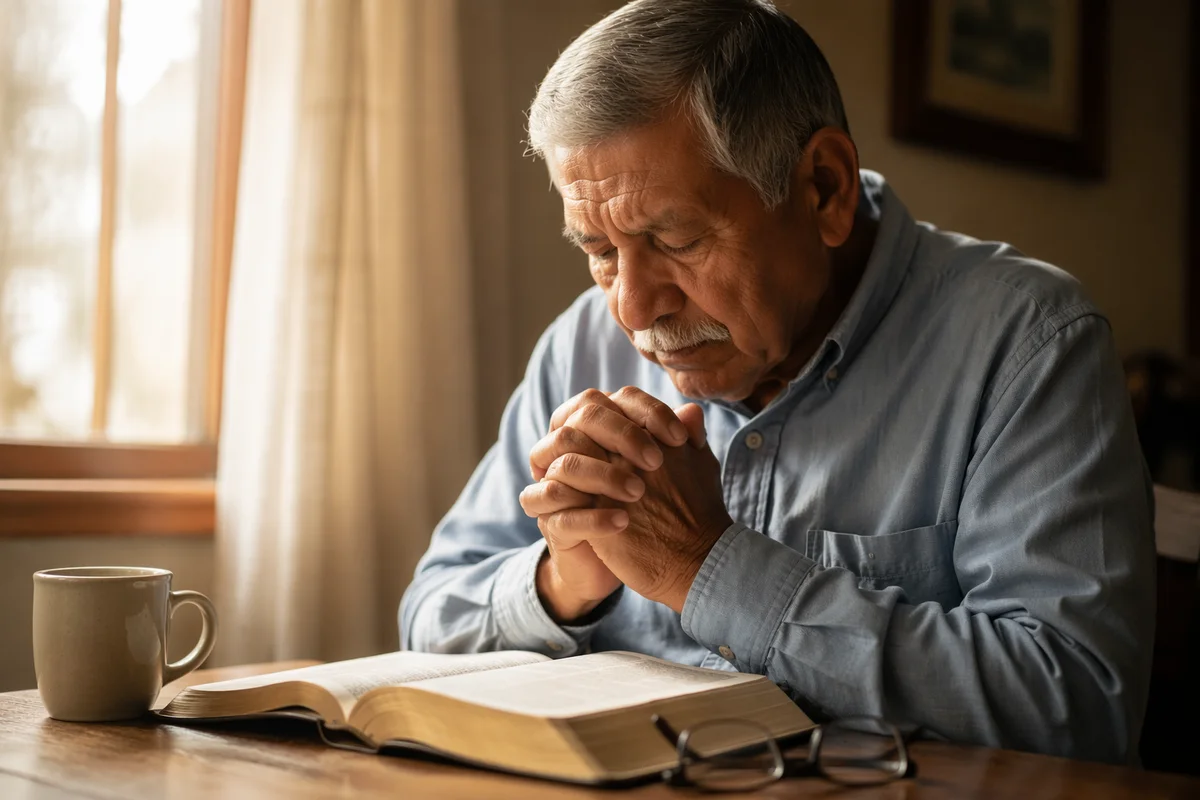 Elderly Man Praying Over Open Bible