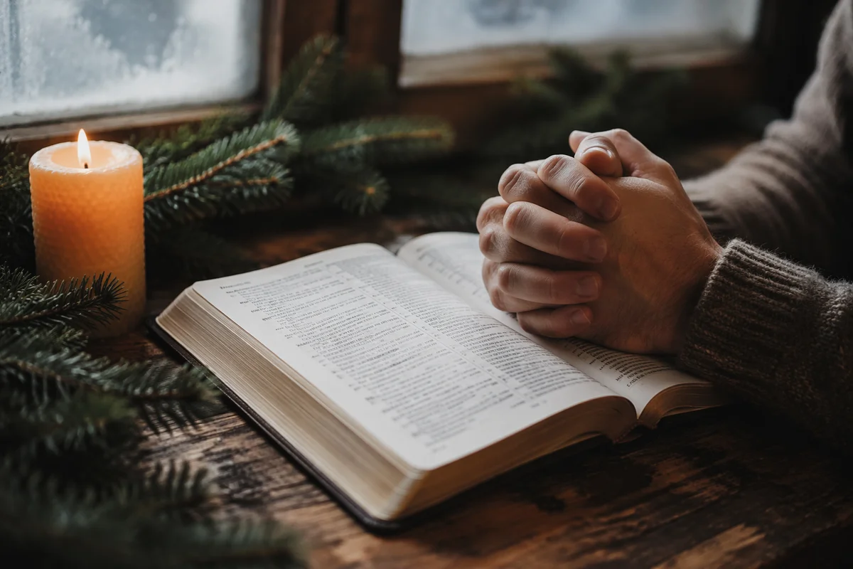 Praying Hands Over Bible With Evergreen Candle