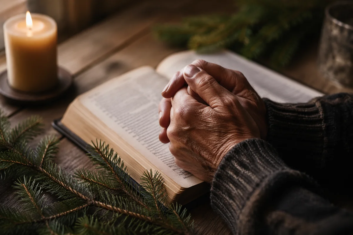 Praying Hands Over Bible with Evergreen