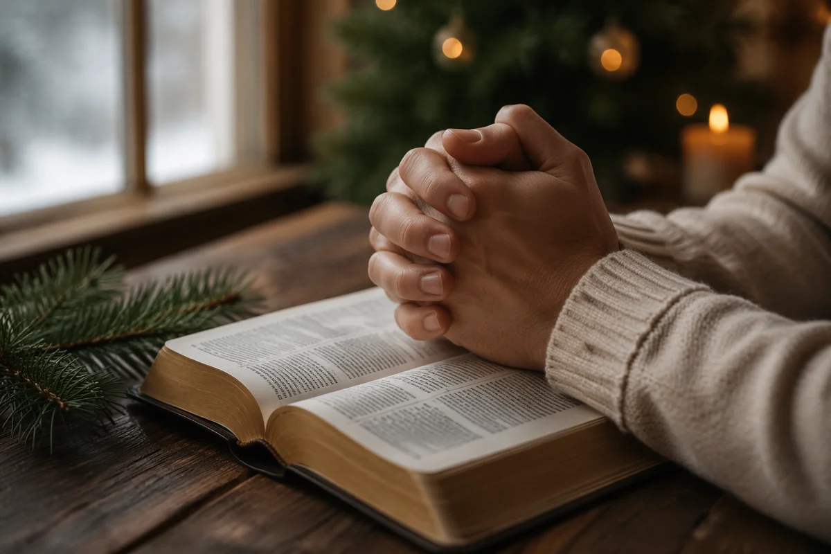 Praying Hands on Bible with Evergreen