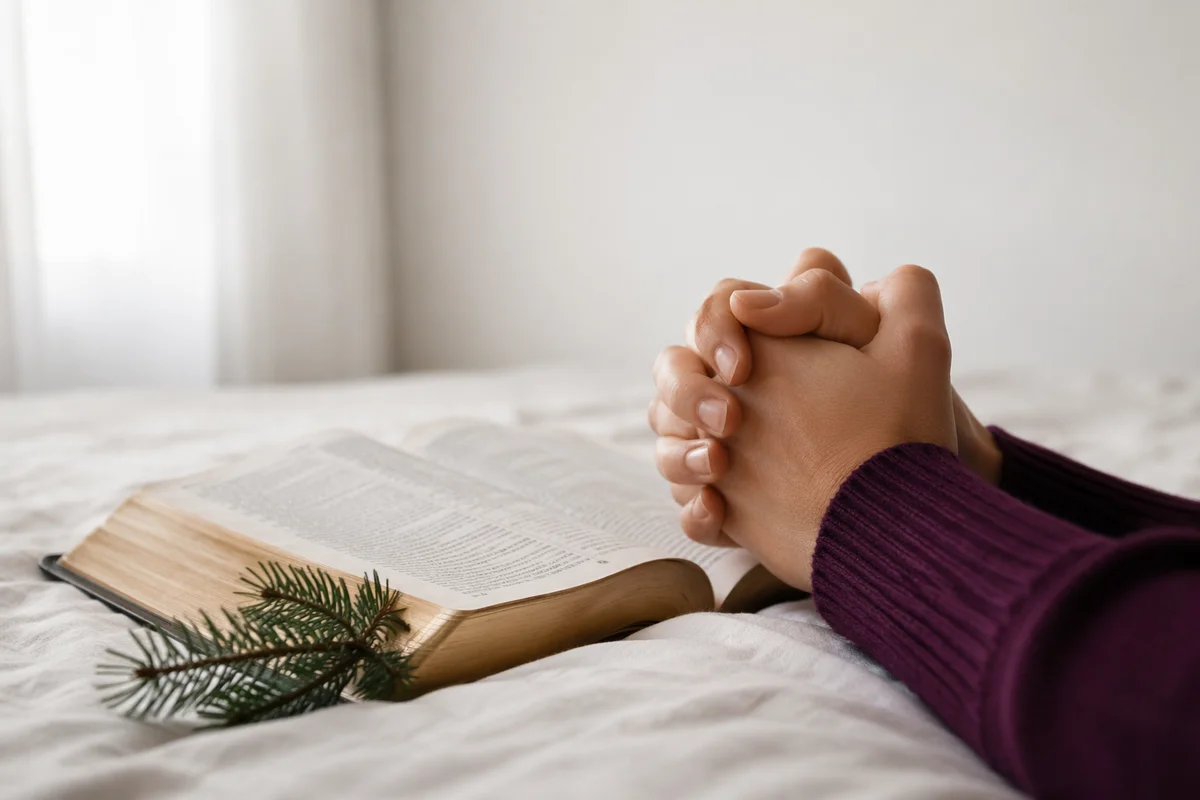 Praying Hands Beside Bible with Evergreen Sprig