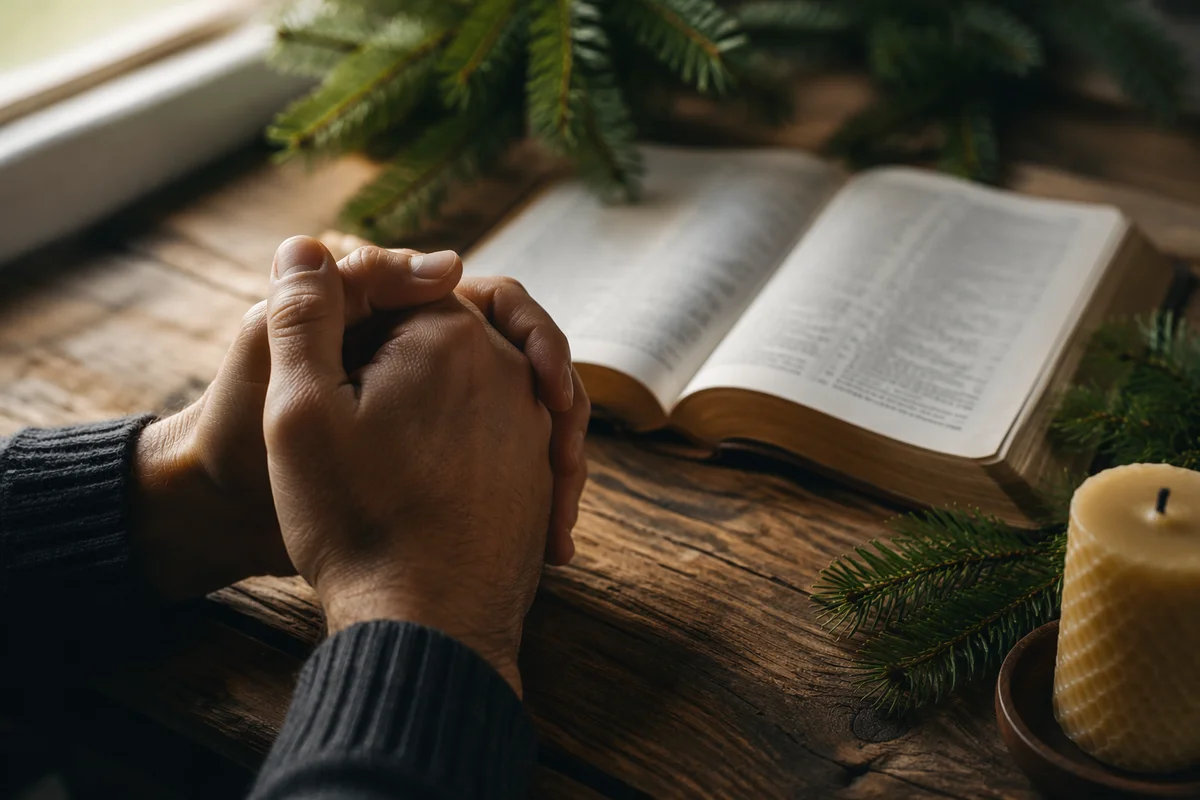 Praying Hands Beside Bible and Evergreen