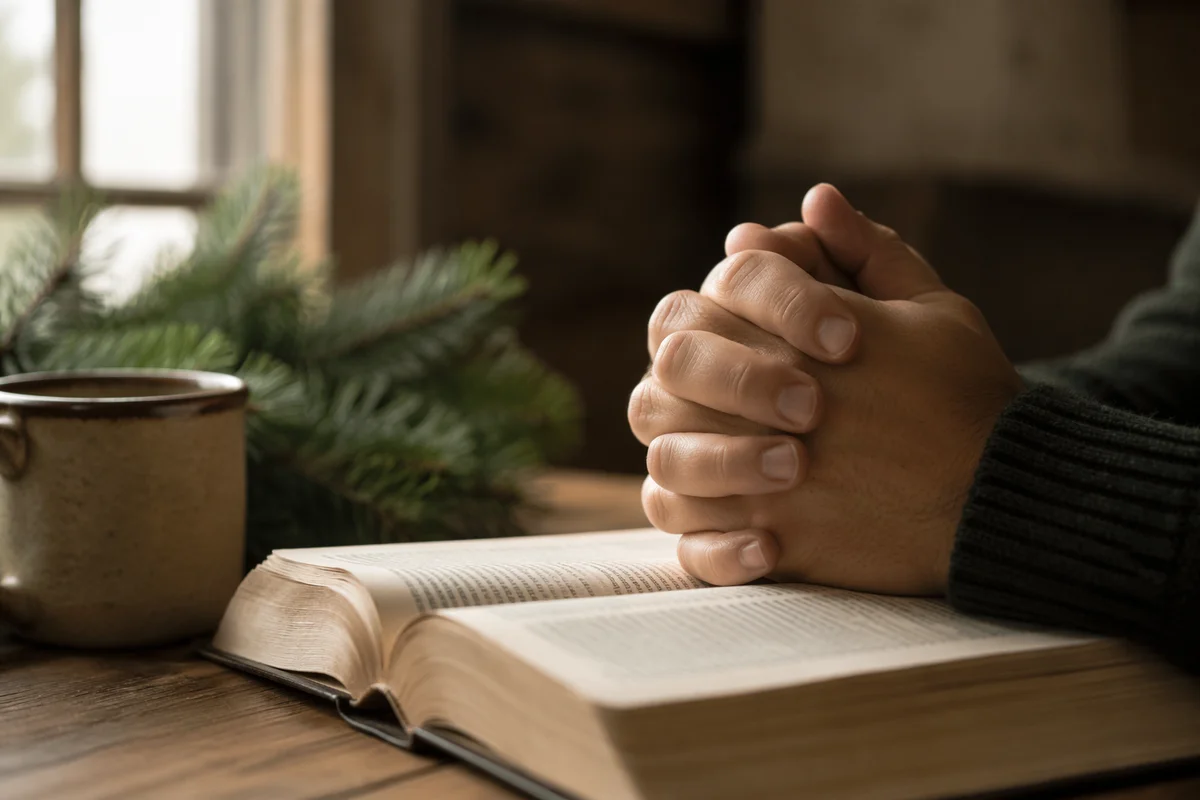 Praying Hands Over Bible in Morning Light