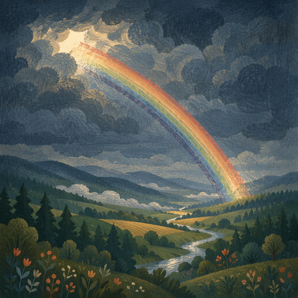 Rainbow Over Evergreen Valley After Storm