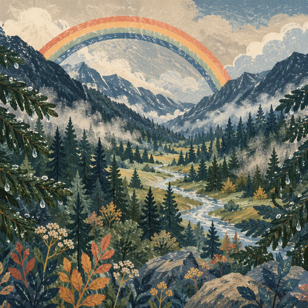 Rainbow Over Evergreen Valley After Storm