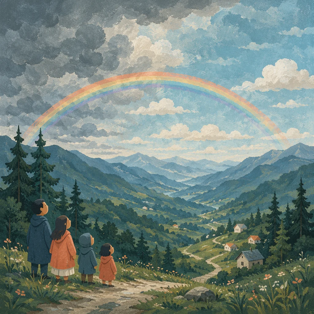 Hopeful Rainbow Over Evergreen Mountain Valley