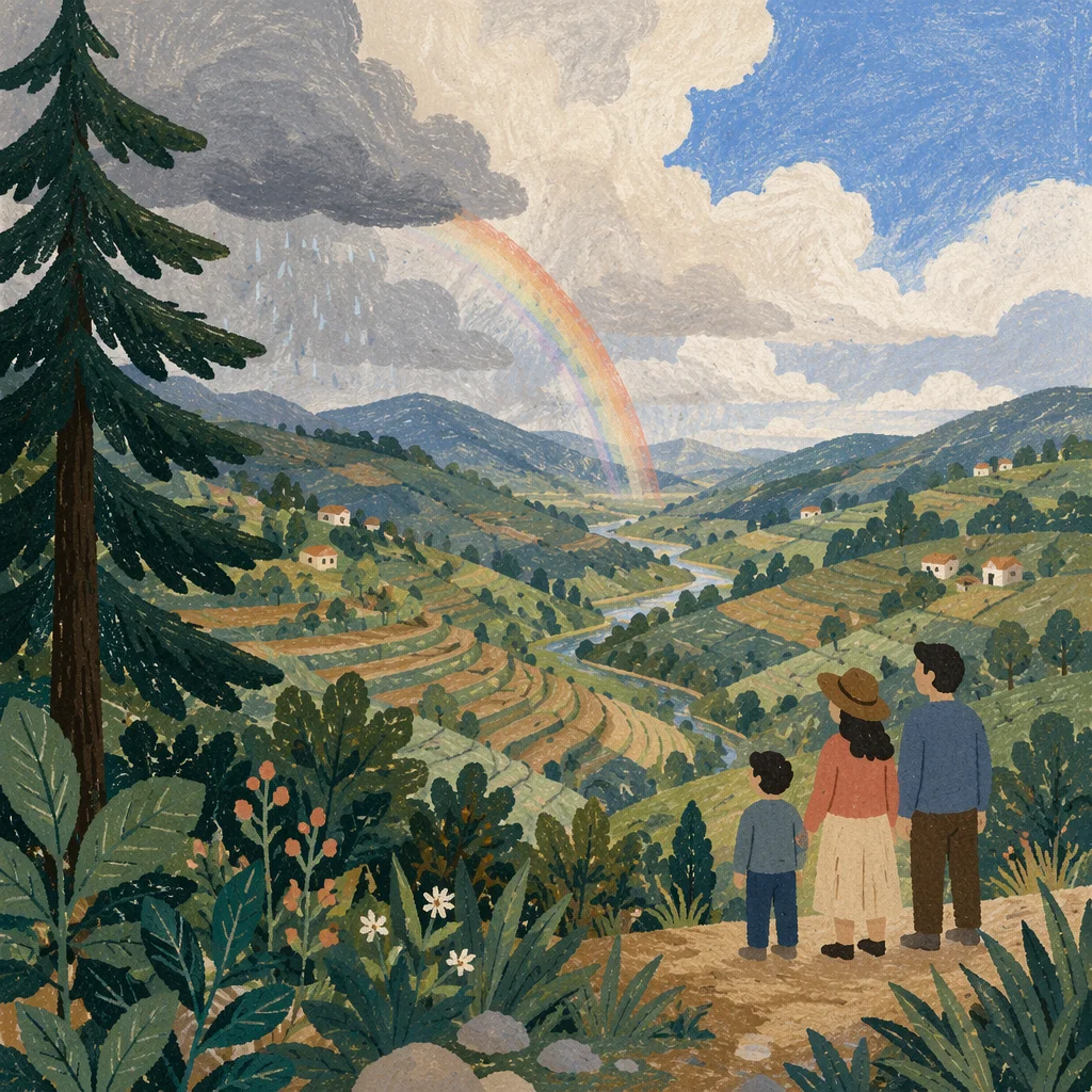Rainbow Over Evergreen Valley After Storm