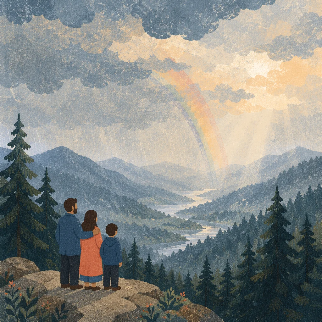 Rainbow Over Stormy Evergreen Mountain Valley