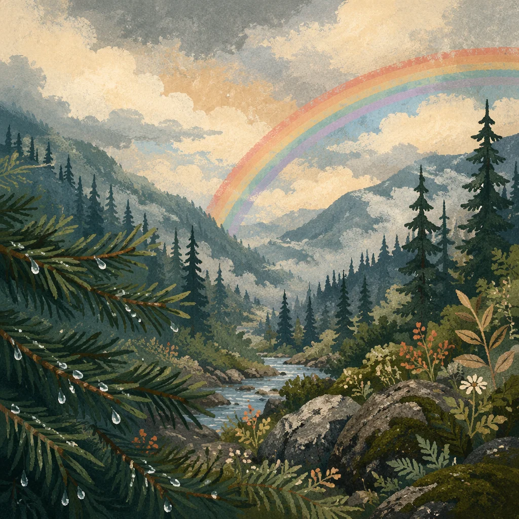 Rainbow Over Misty Evergreen Valley