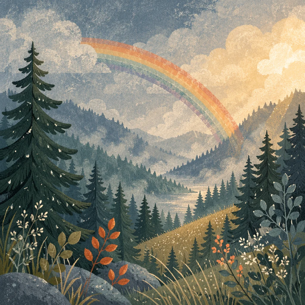 Rainbow Over Rain Washed Evergreen Valley
