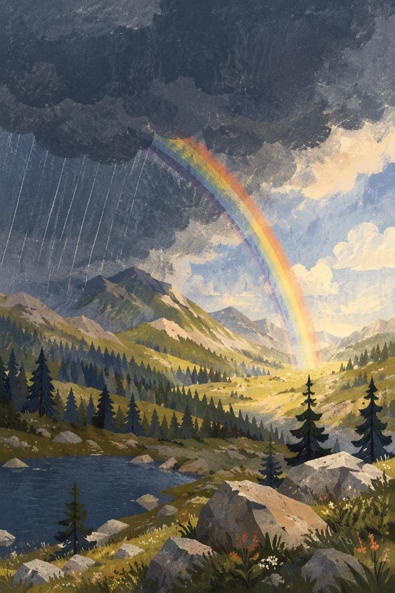 Rainbow Over Evergreen Valley After Storm