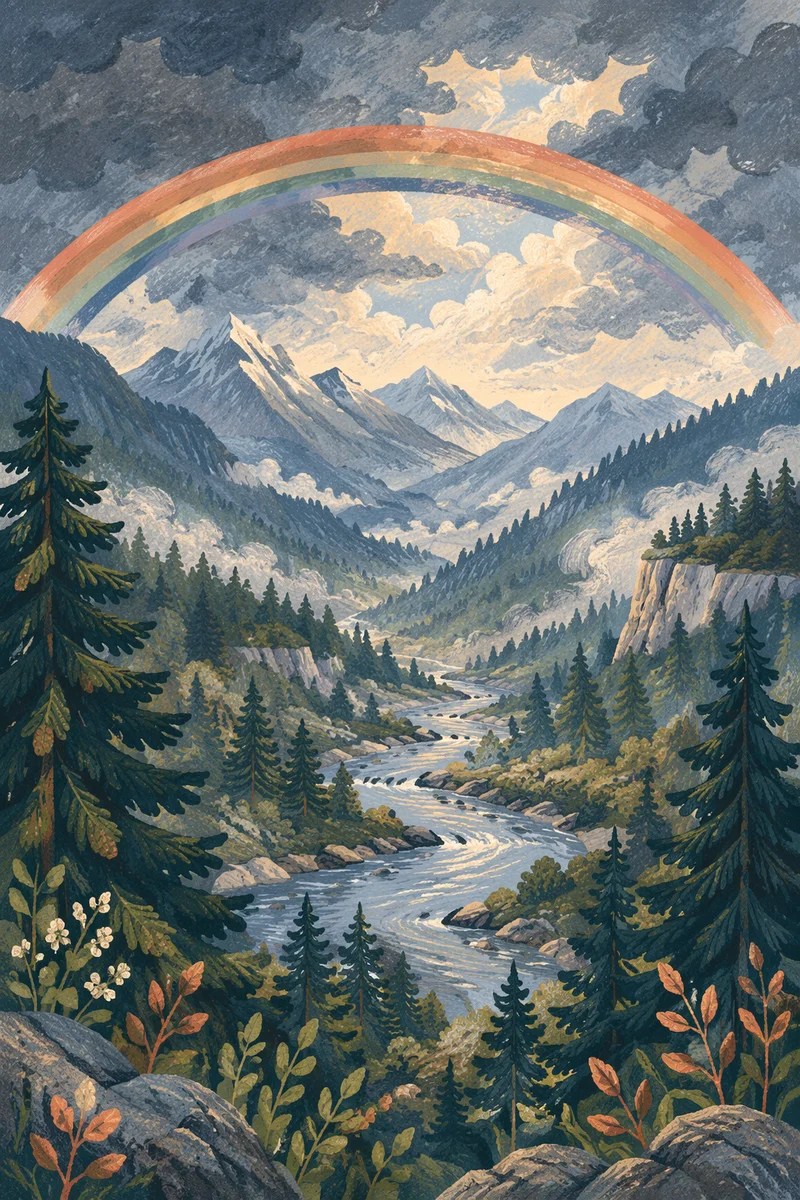Rainbow Over Evergreen Valley After Storm