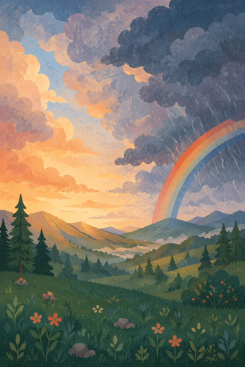 Rainbow Over Evergreen Valley After Storm