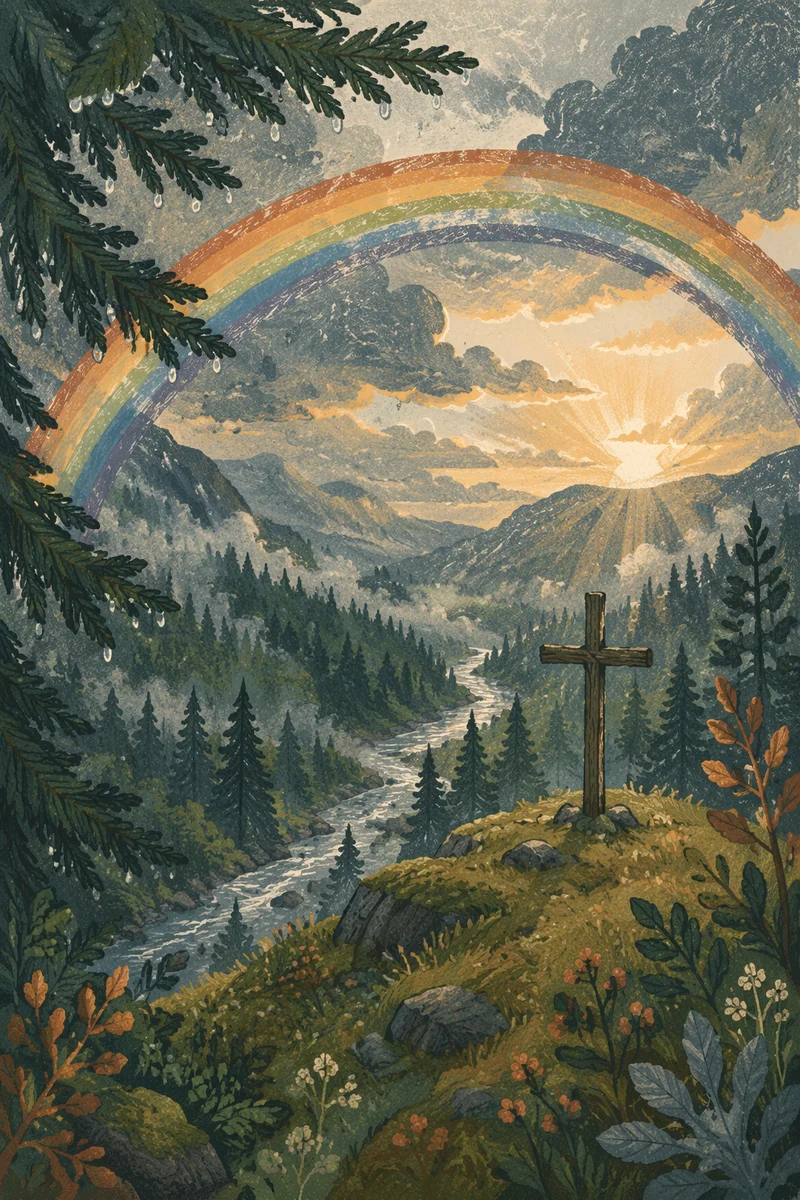 Rainbow Over Evergreen Valley After Storm