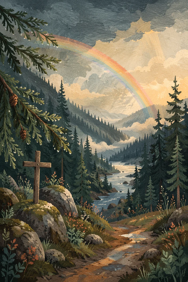 Rainbow Over Peaceful Evergreen Valley