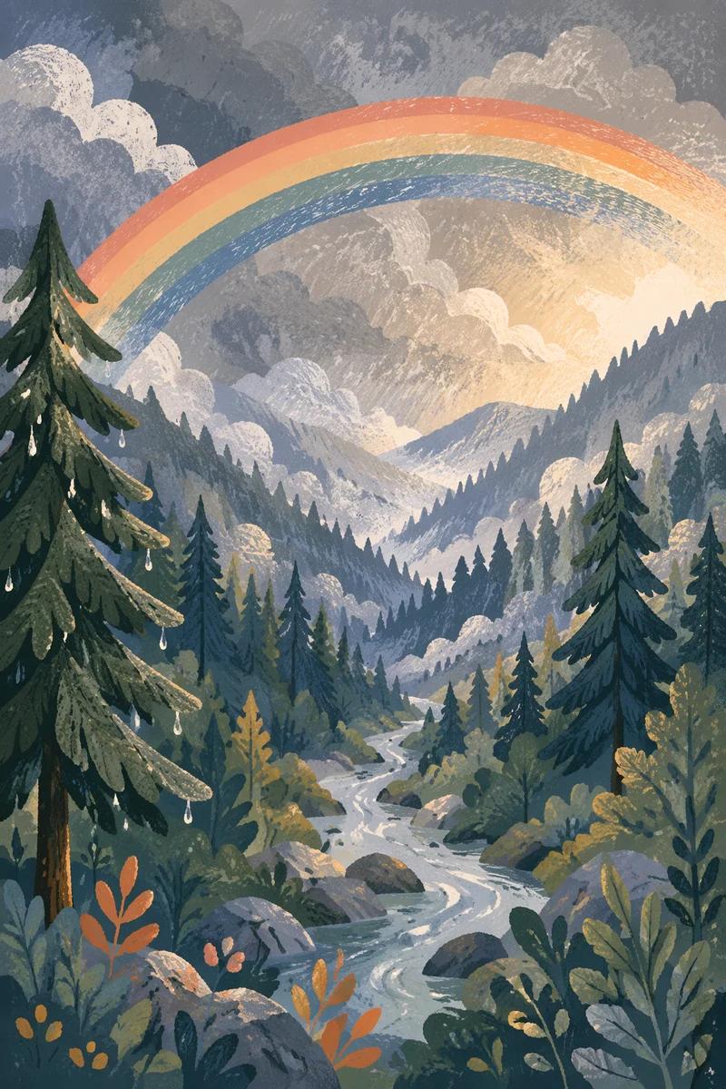 Rainbow Over Evergreen Valley After Storm