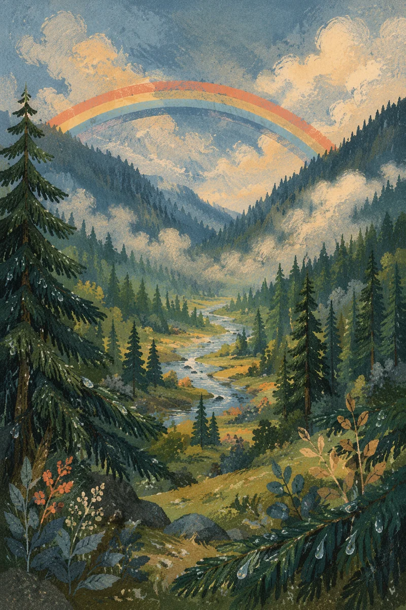 Rainbow Over Evergreen Valley After Storm