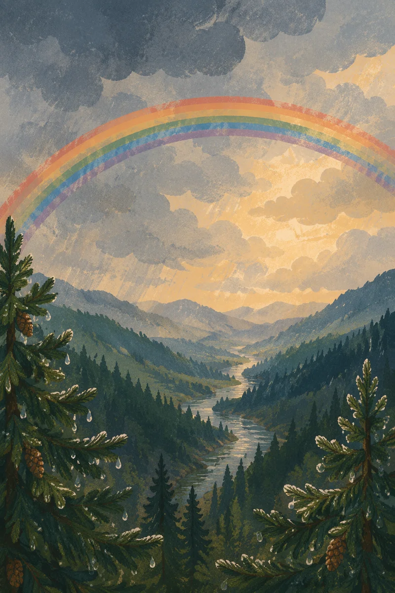 Rainbow Over Evergreen Valley After Storm