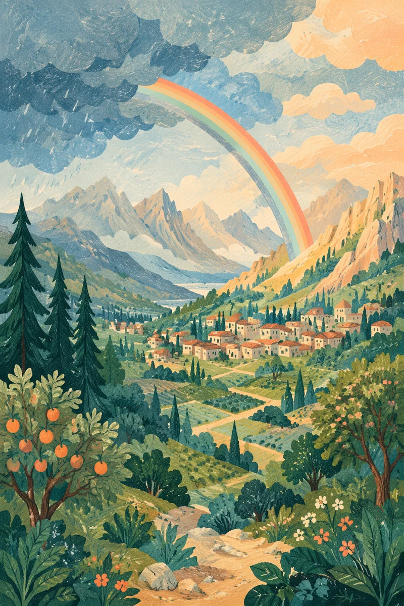 Rainbow Over Evergreen Valley After Storm