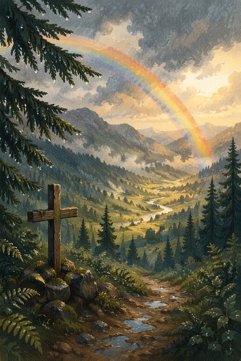 Rainbow Over Evergreen Valley After Storm