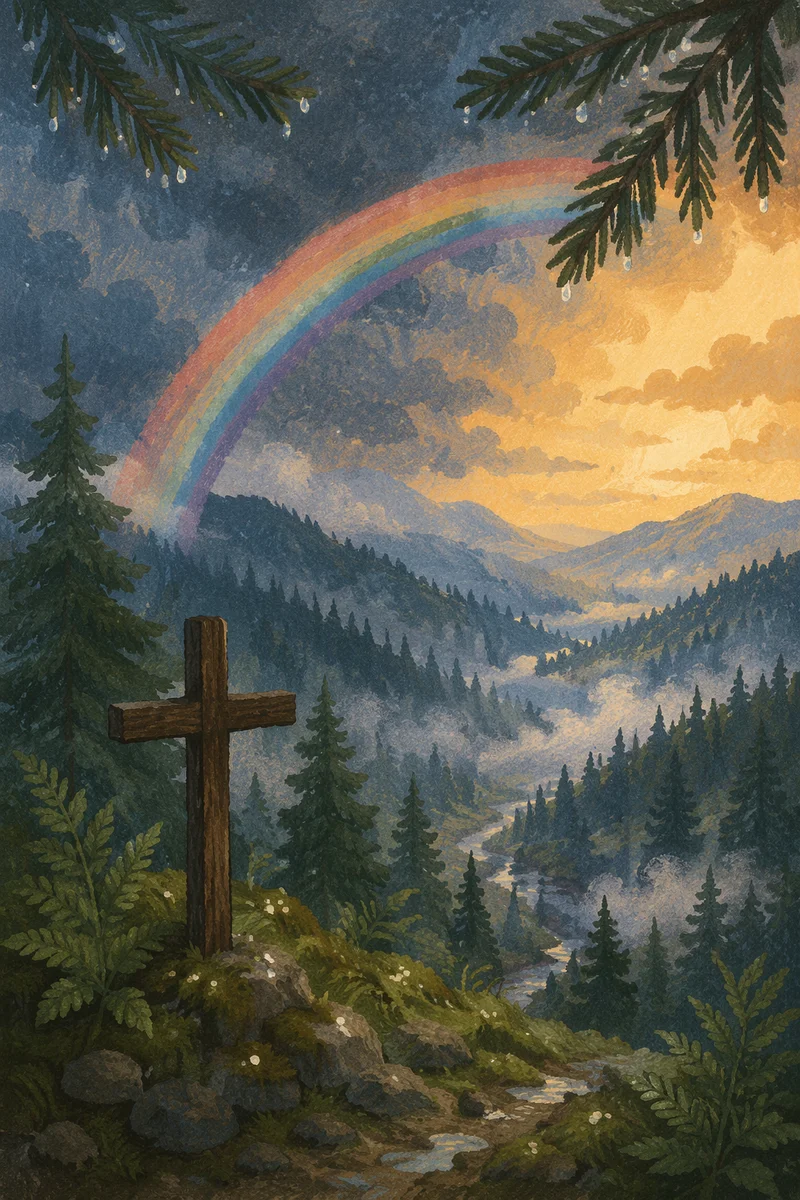 Rainbow Over Evergreen Valley After Storm