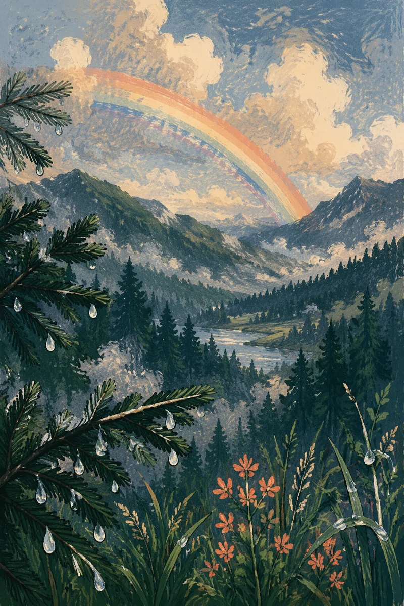 Rainbow Over Misty Evergreen Valley