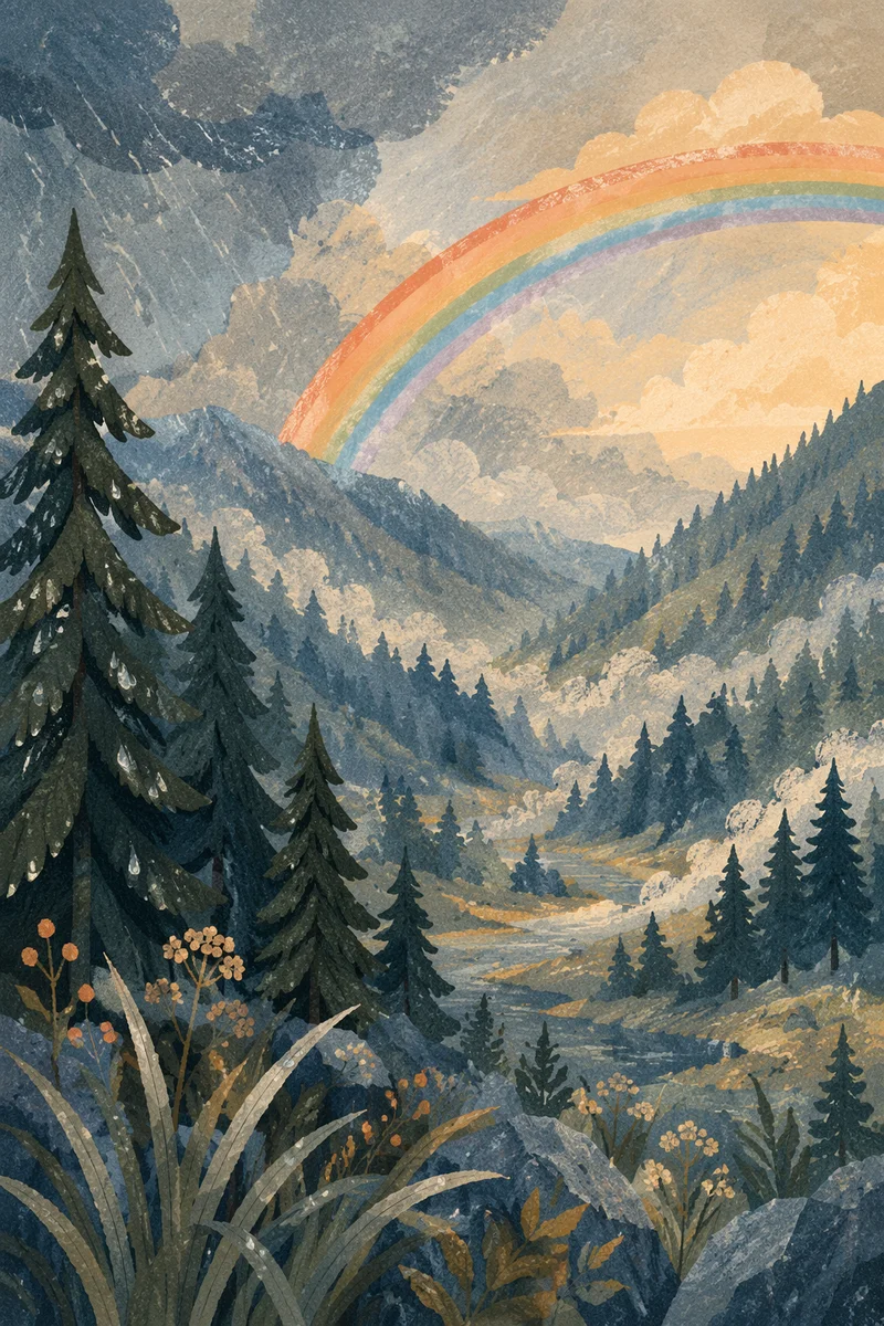 Rainbow Over Rainwashed Evergreen Valley