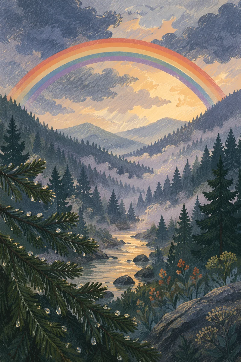 Rainbow Over Evergreen Valley After Storm
