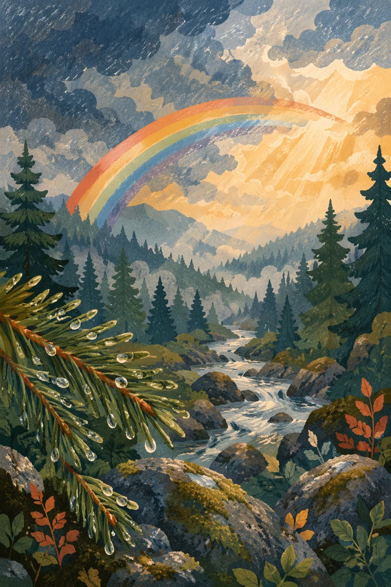 Rainbow Over Evergreen Valley After Storm