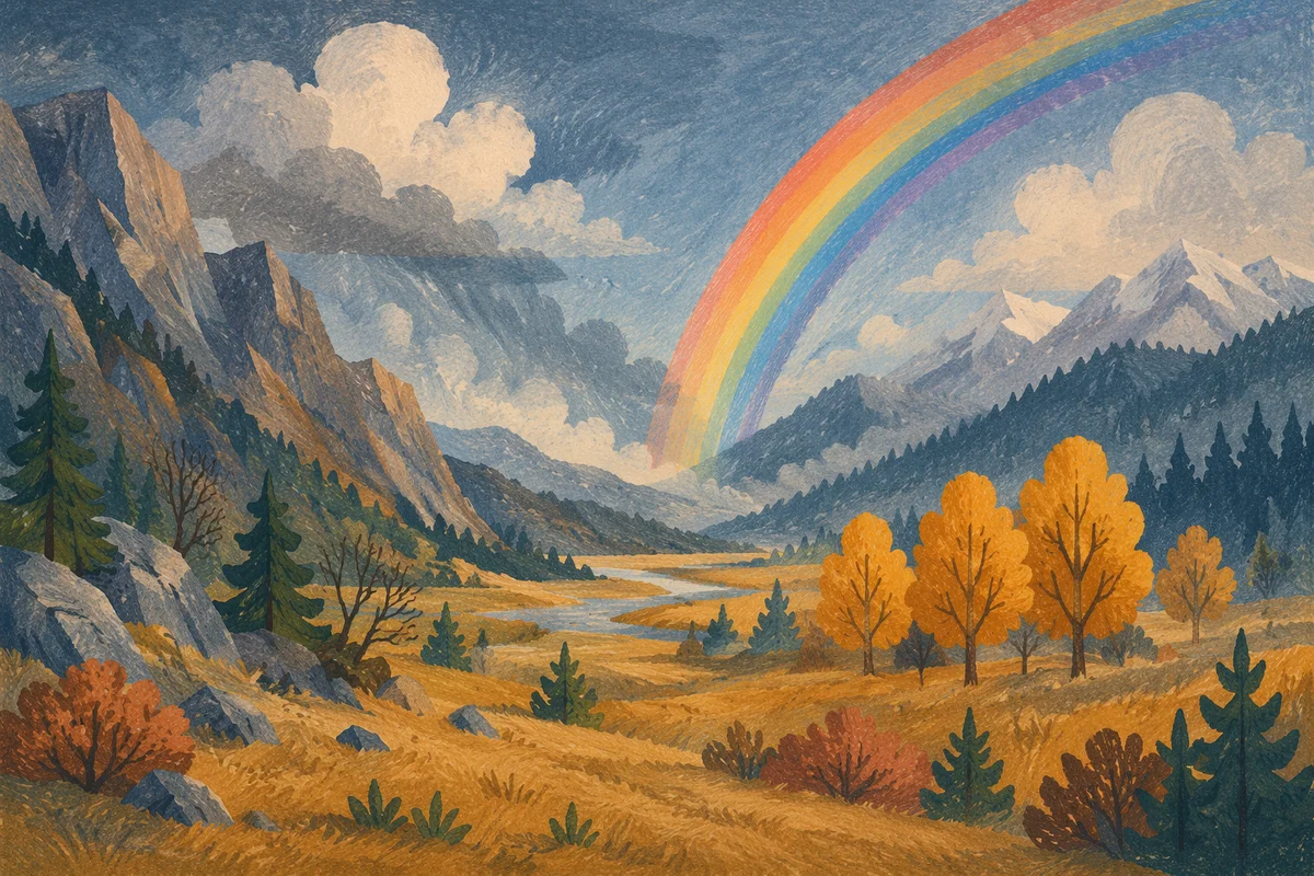 Hopeful Rainbow Over Evergreen Mountain Valley