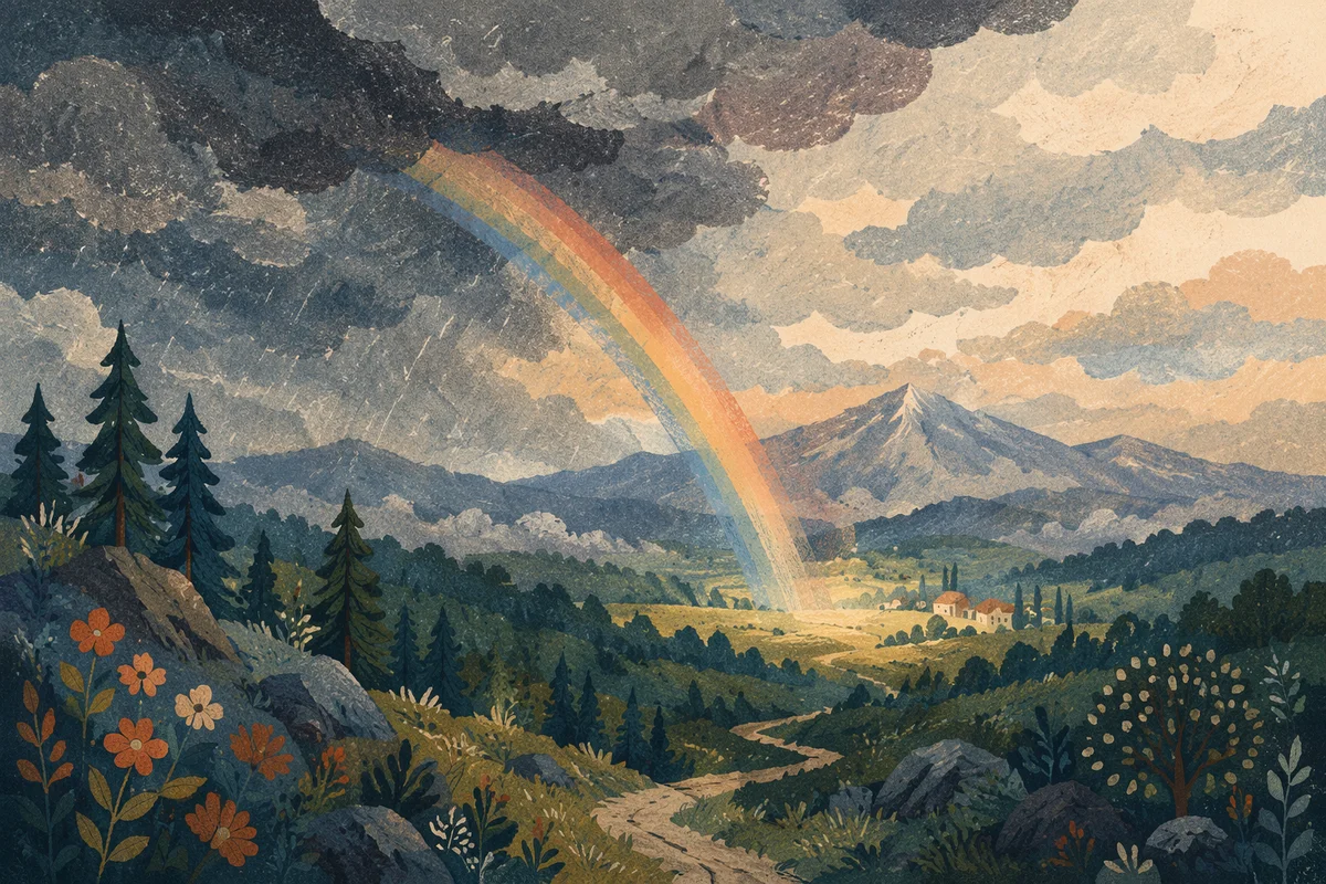 Rainbow Over Evergreen Valley After Storm
