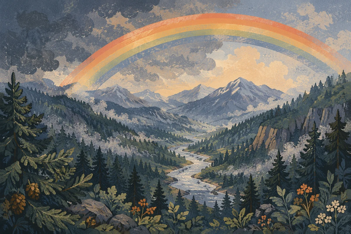 Rainbow Over Evergreen Valley After Storm